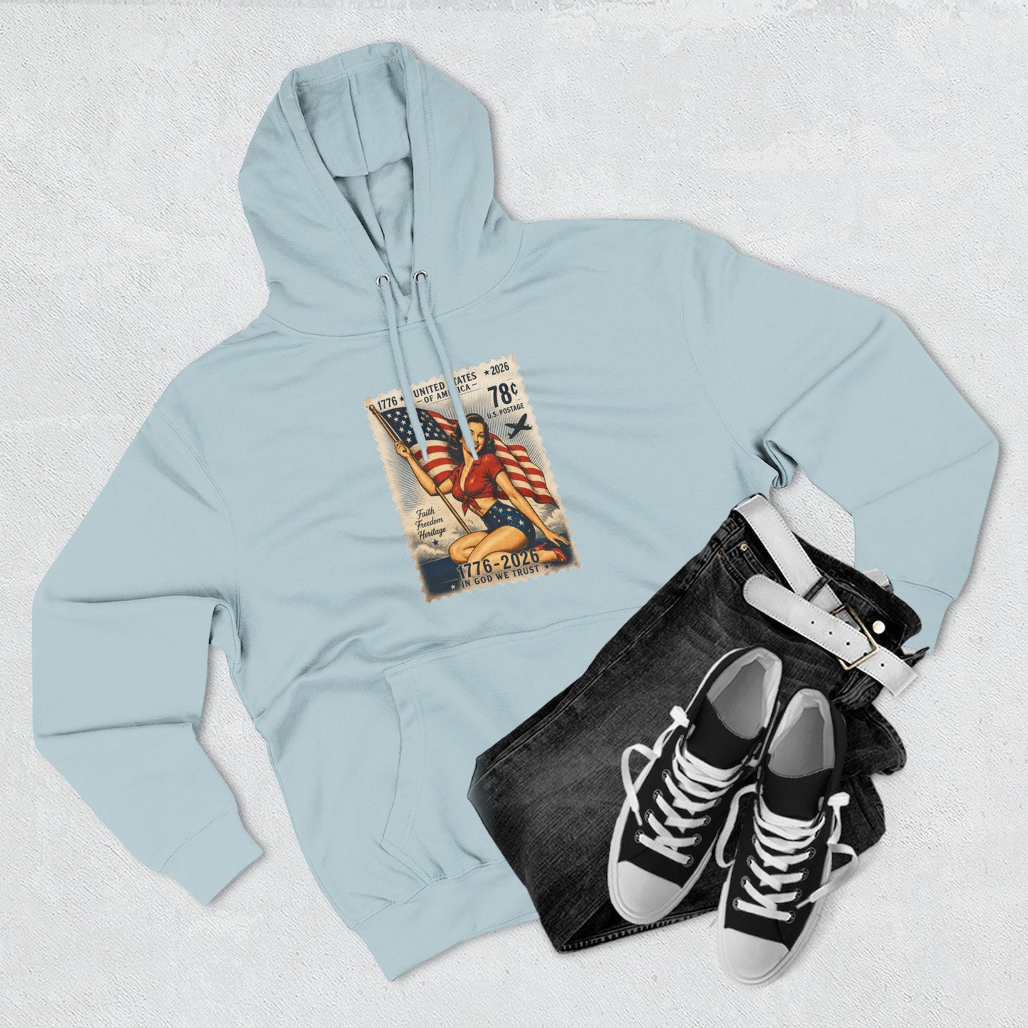 Patriotic Vintage Stamp Hoodie — American Flag & Eagle Graphic