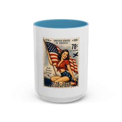 Vintage Patriotic Coffee Mug — 1776–2026 Pinup with American Flag (78 Stamp Design)