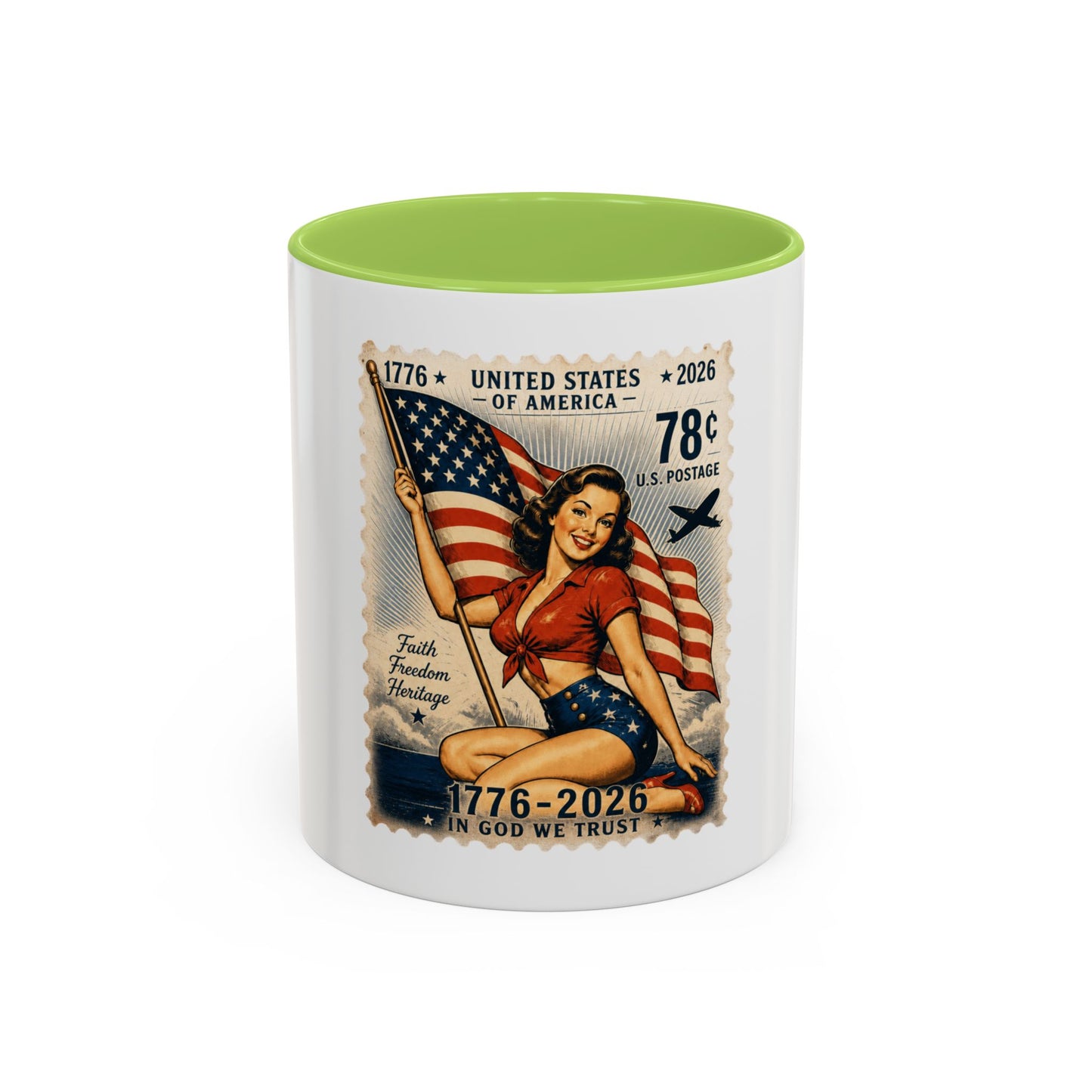 Vintage Patriotic Coffee Mug — 1776–2026 Pinup with American Flag (78 Stamp Design)