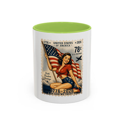 Vintage Patriotic Coffee Mug — 1776–2026 Pinup with American Flag (78 Stamp Design)