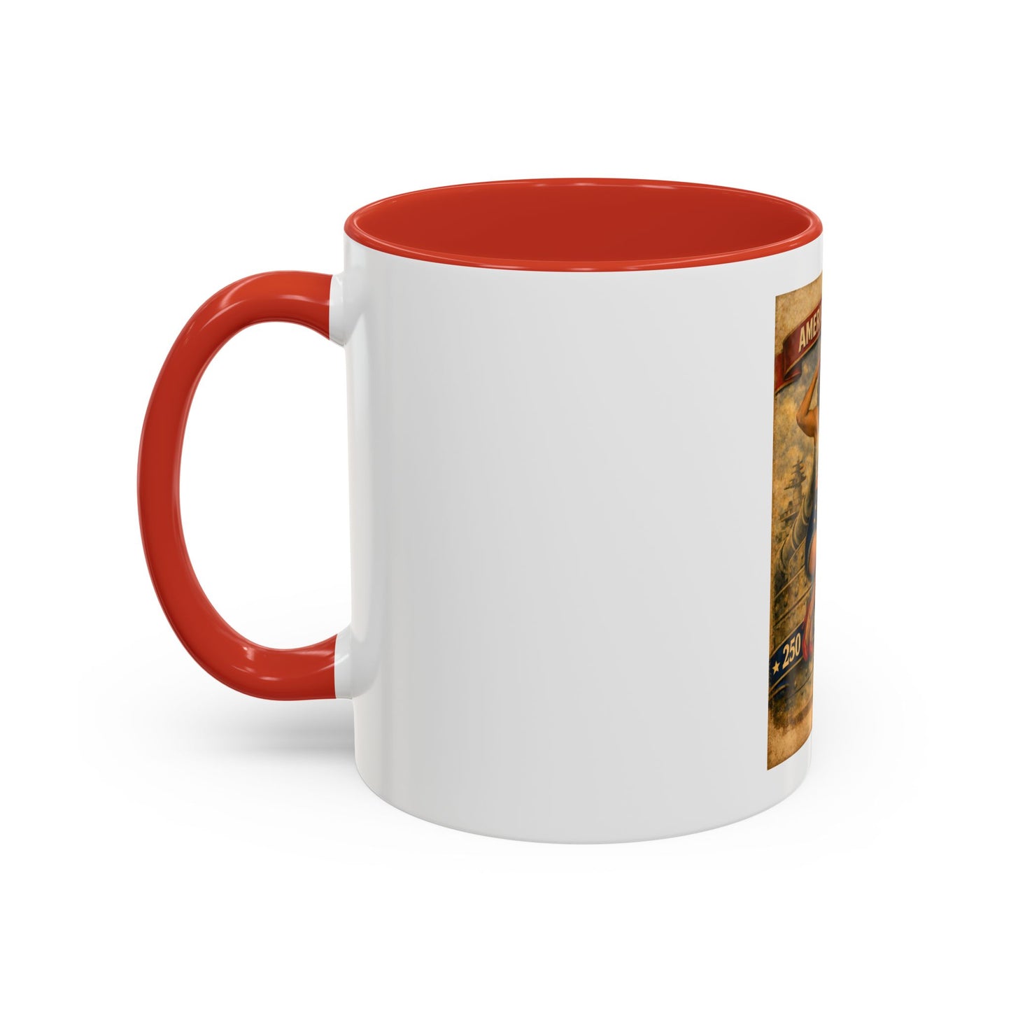 Accent Coffee Mug — Vintage 'American Women 250 Years of Big Guns' Pin-Up Military Design (11oz, 15oz)
