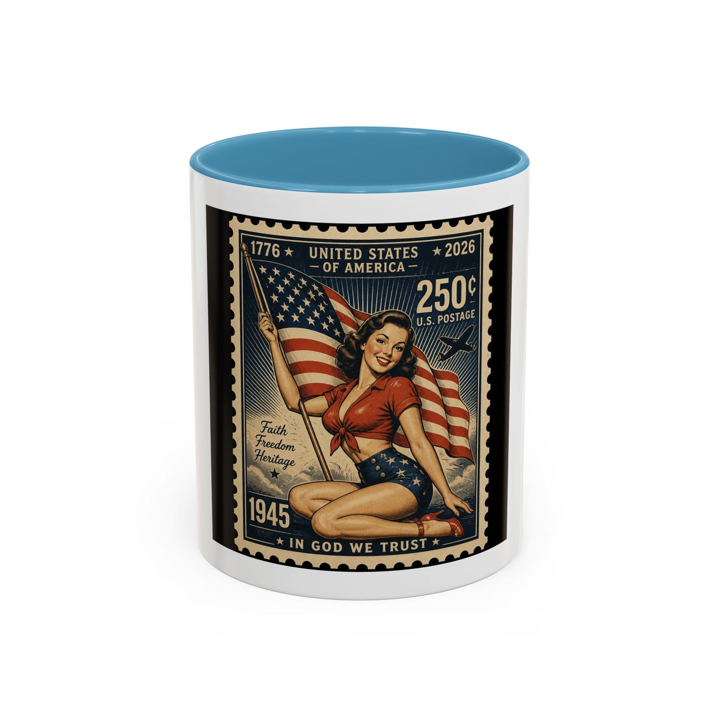 Vintage American Pin-Up Stamp Coffee Mug — Patriotic 1945 “In God We Trust” Accent Mug