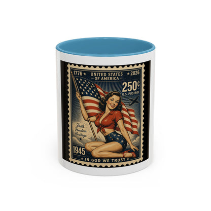 Vintage American Pin-Up Stamp Coffee Mug — Patriotic 1945 “In God We Trust” Accent Mug