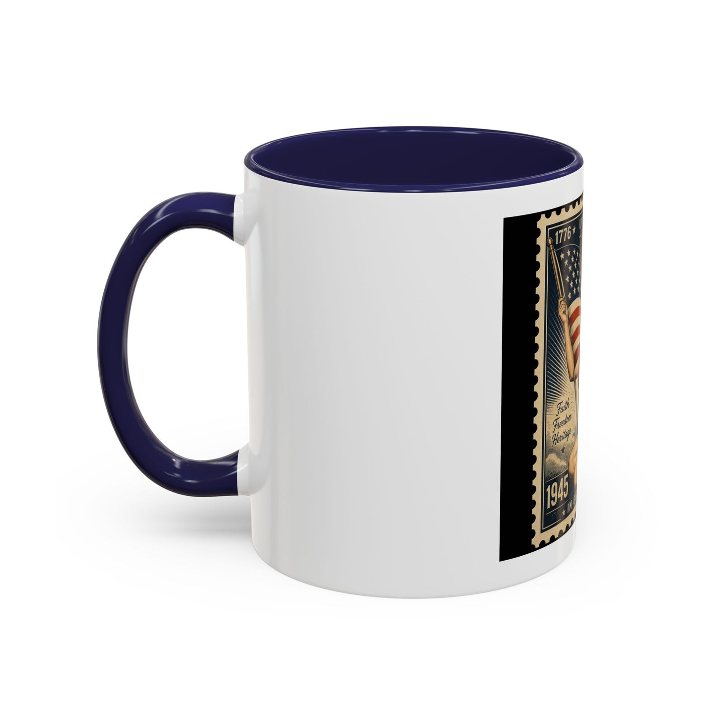 Vintage American Pin-Up Stamp Coffee Mug — Patriotic 1945 “In God We Trust” Accent Mug
