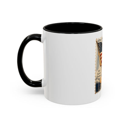 Vintage Patriotic Coffee Mug — 1776–2026 Pinup with American Flag (78 Stamp Design)