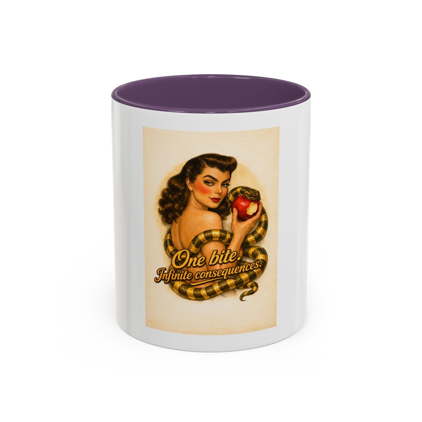 Vintage Pin-Up Coffee Mug – "One Bite Infinite Consequences" Retro Design