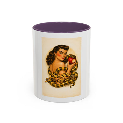 Vintage Pin-Up Coffee Mug – "One Bite Infinite Consequences" Retro Design