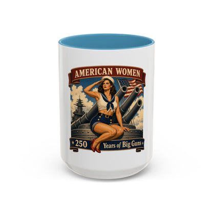 Coffee Mug — "American Women: 250 Years of Big Guns" Vintage Pin-Up Navy Design