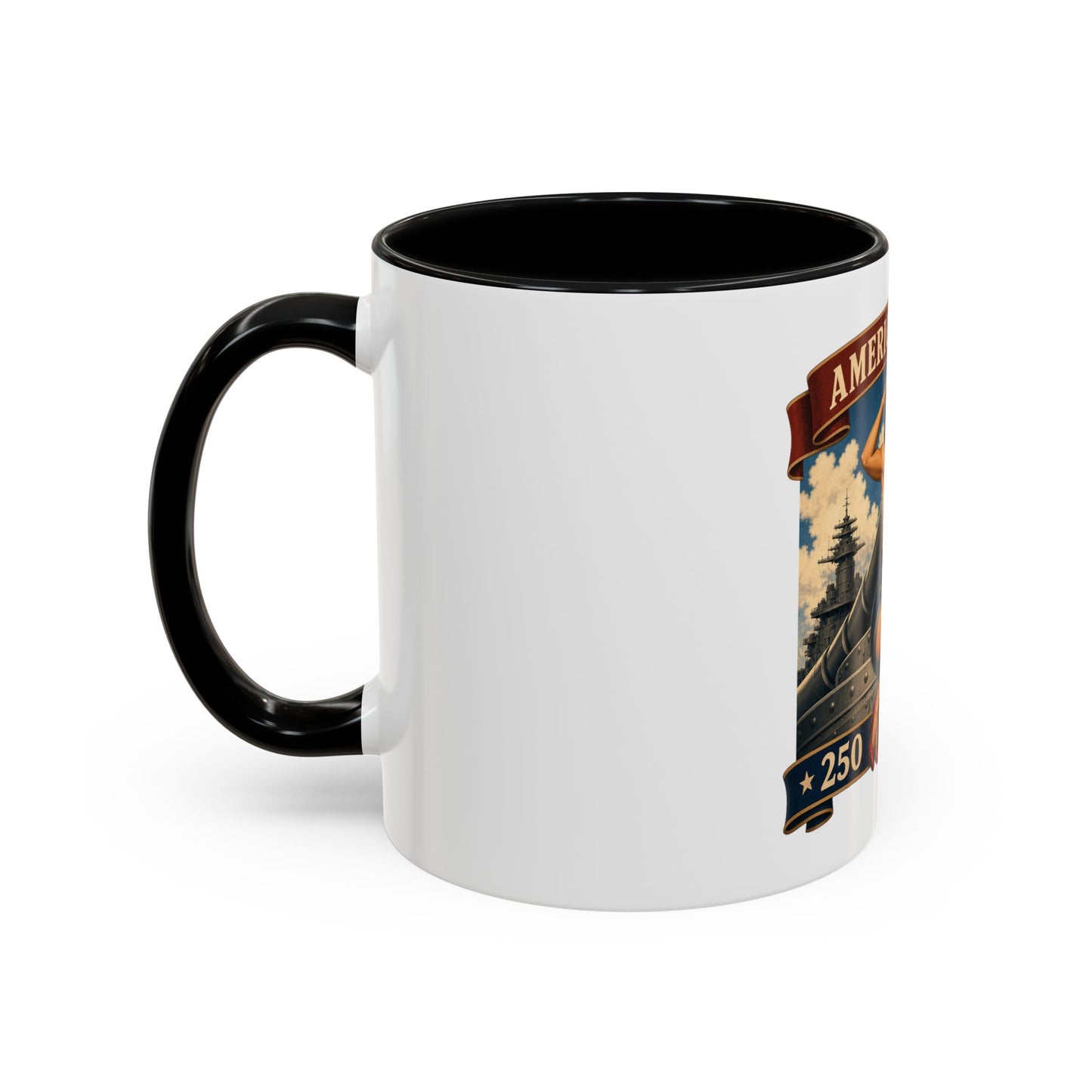 Coffee Mug — "American Women: 250 Years of Big Guns" Vintage Pin-Up Navy Design