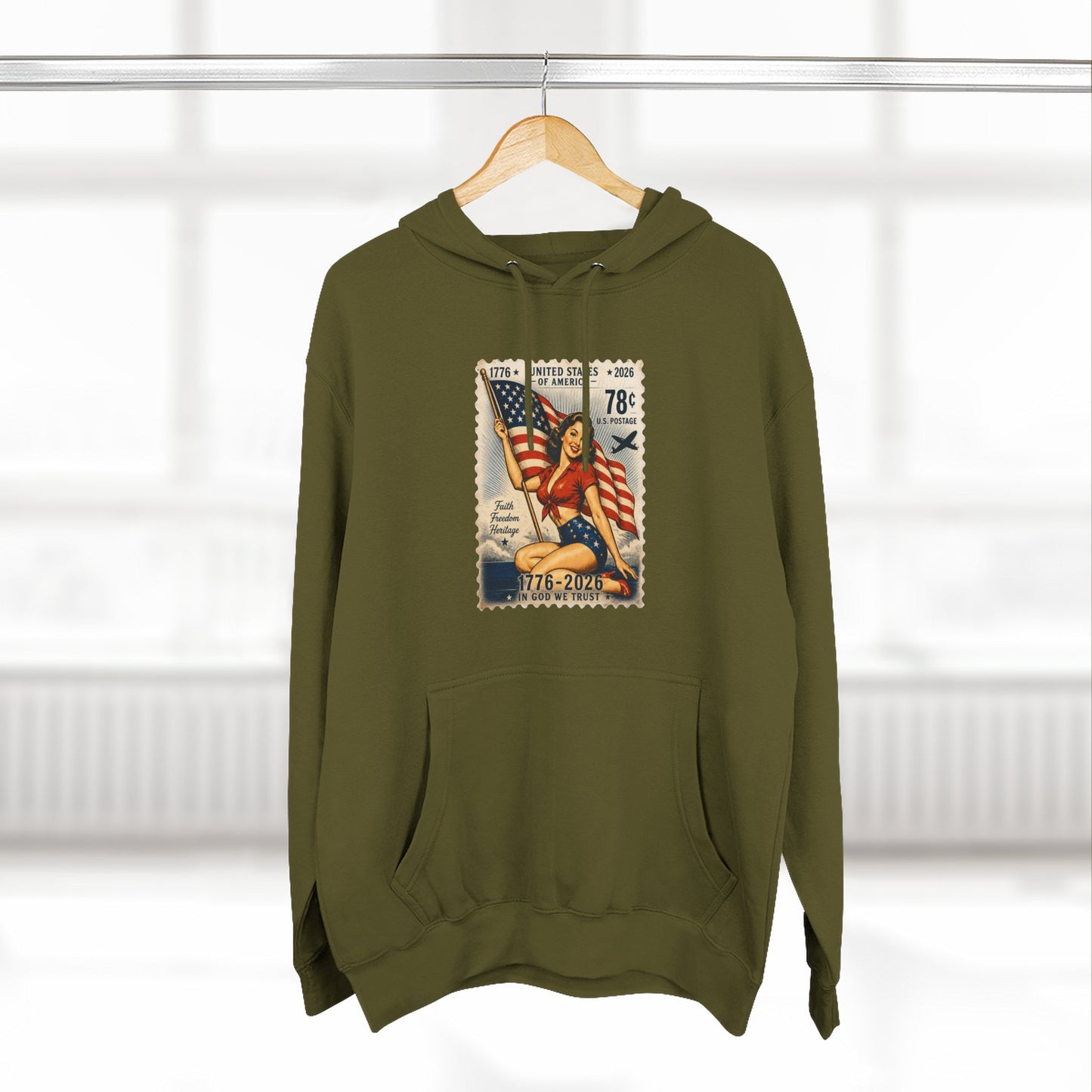 Patriotic Vintage Stamp Hoodie — American Flag & Eagle Graphic