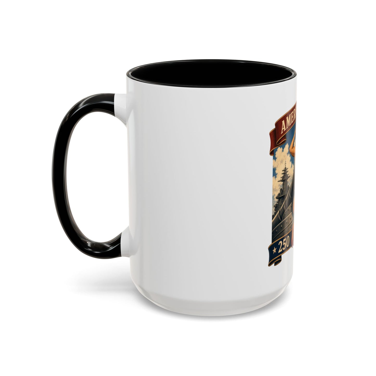 Coffee Mug — "American Women: 250 Years of Big Guns" Vintage Pin-Up Navy Design