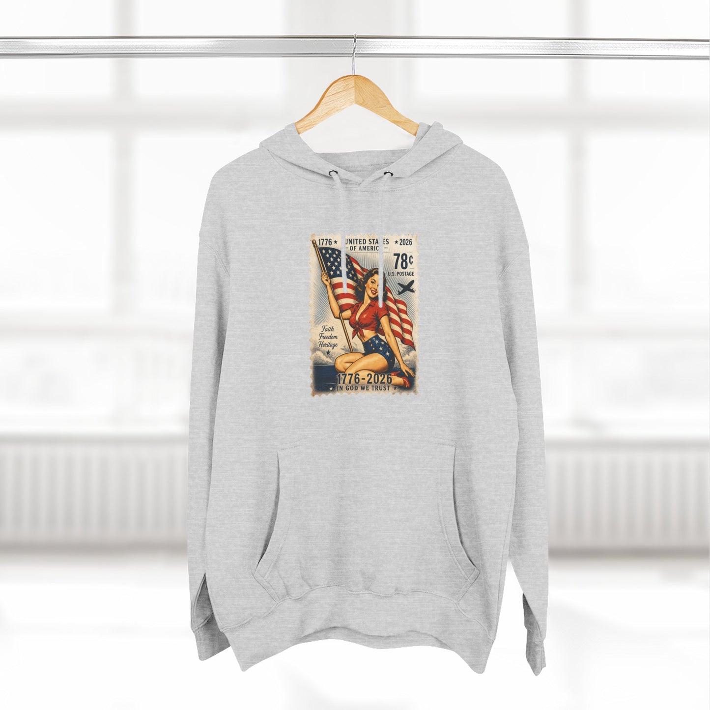 Patriotic Vintage Stamp Hoodie — American Flag & Eagle Graphic