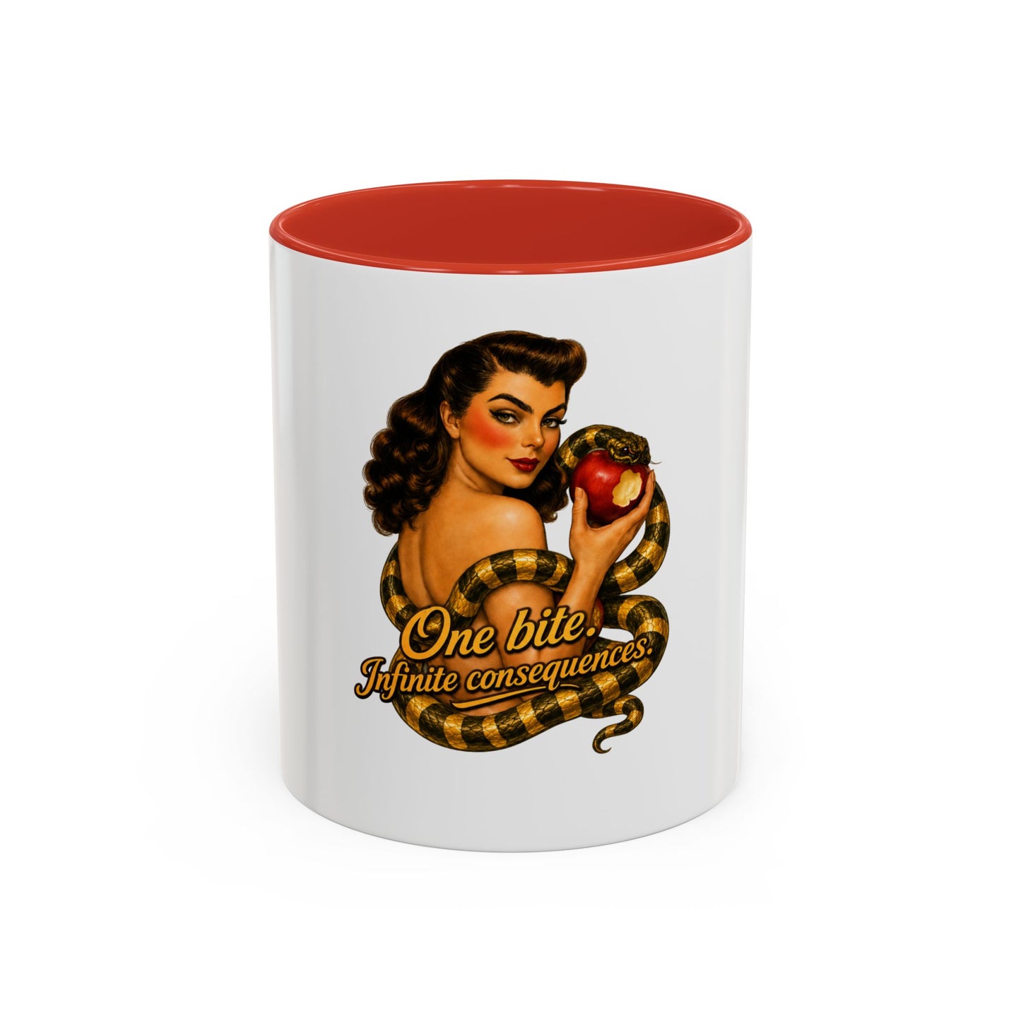 Vintage Pinup Coffee Mug — "One Bite... Infinite Consequences"