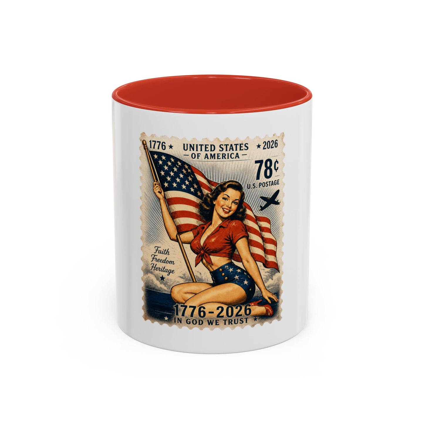 Vintage Patriotic Coffee Mug — 1776–2026 Pinup with American Flag (78 Stamp Design)