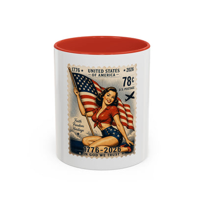 Vintage Patriotic Coffee Mug — 1776–2026 Pinup with American Flag (78 Stamp Design)