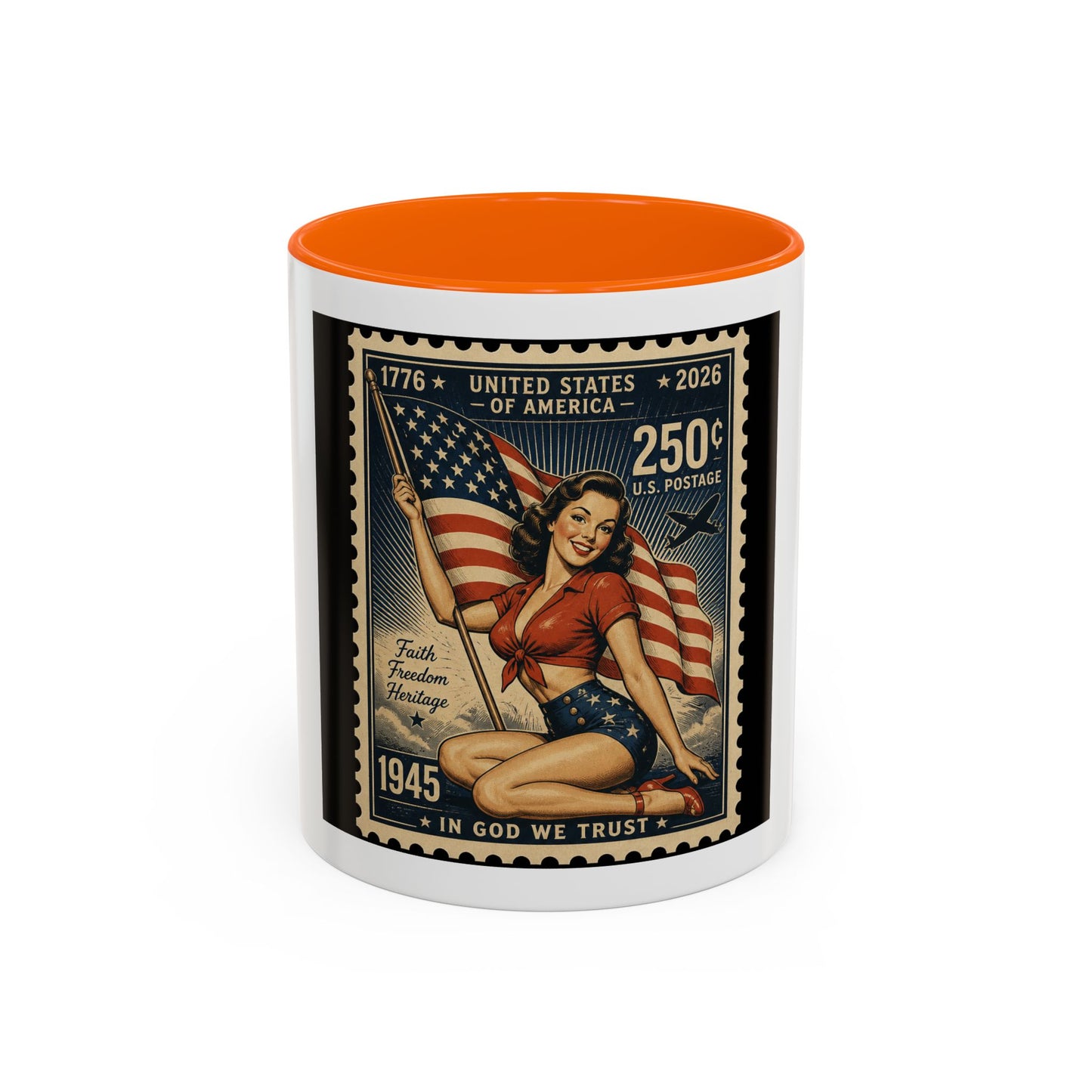 Vintage American Pin-Up Stamp Coffee Mug — Patriotic 1945 “In God We Trust” Accent Mug