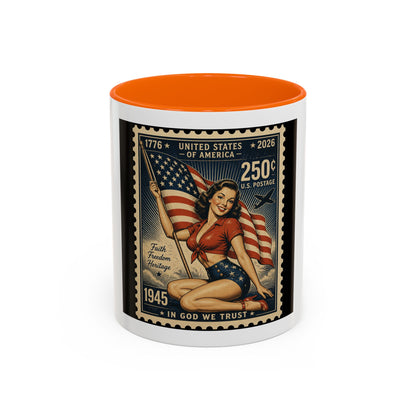 Vintage American Pin-Up Stamp Coffee Mug — Patriotic 1945 “In God We Trust” Accent Mug