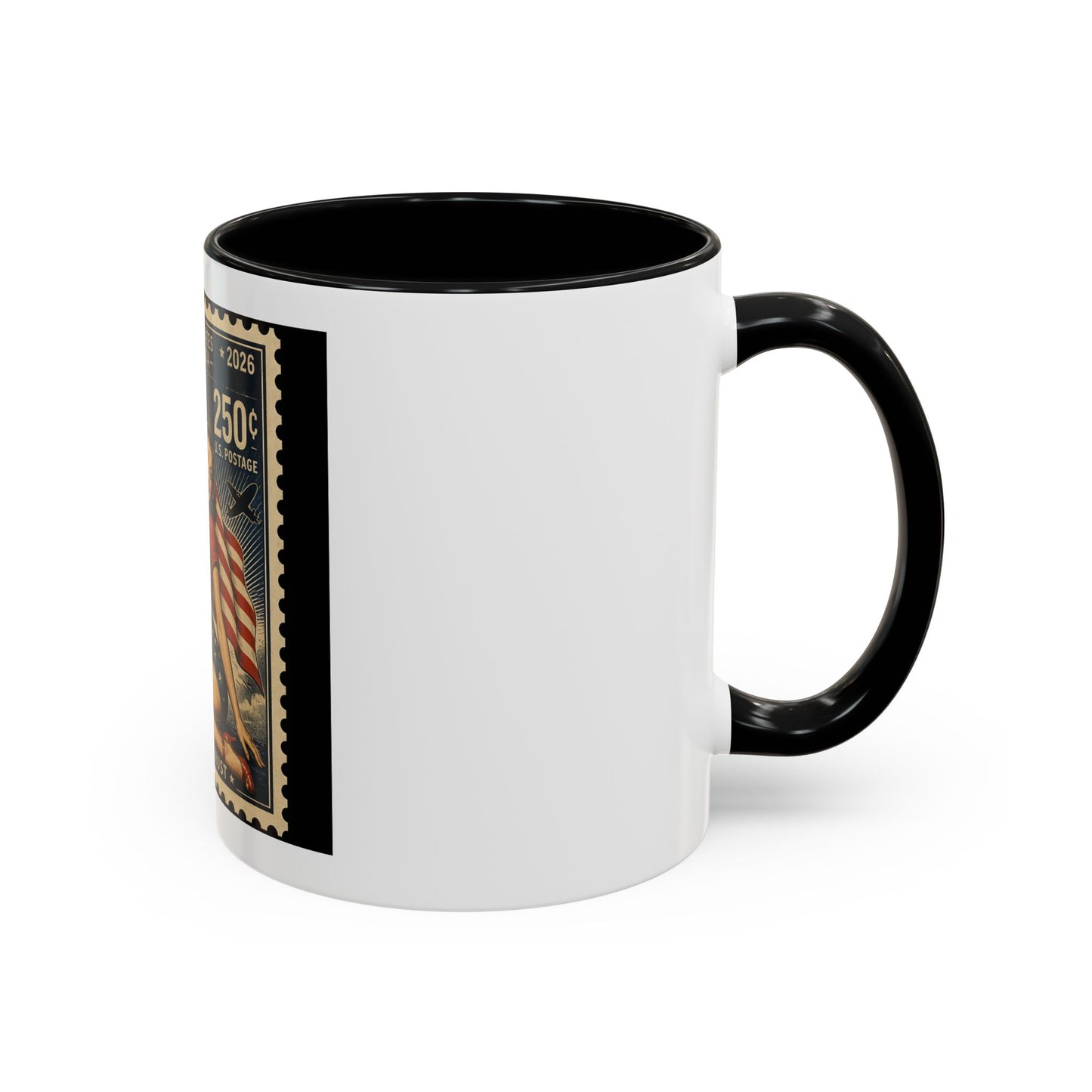 Vintage American Pin-Up Stamp Coffee Mug — Patriotic 1945 “In God We Trust” Accent Mug