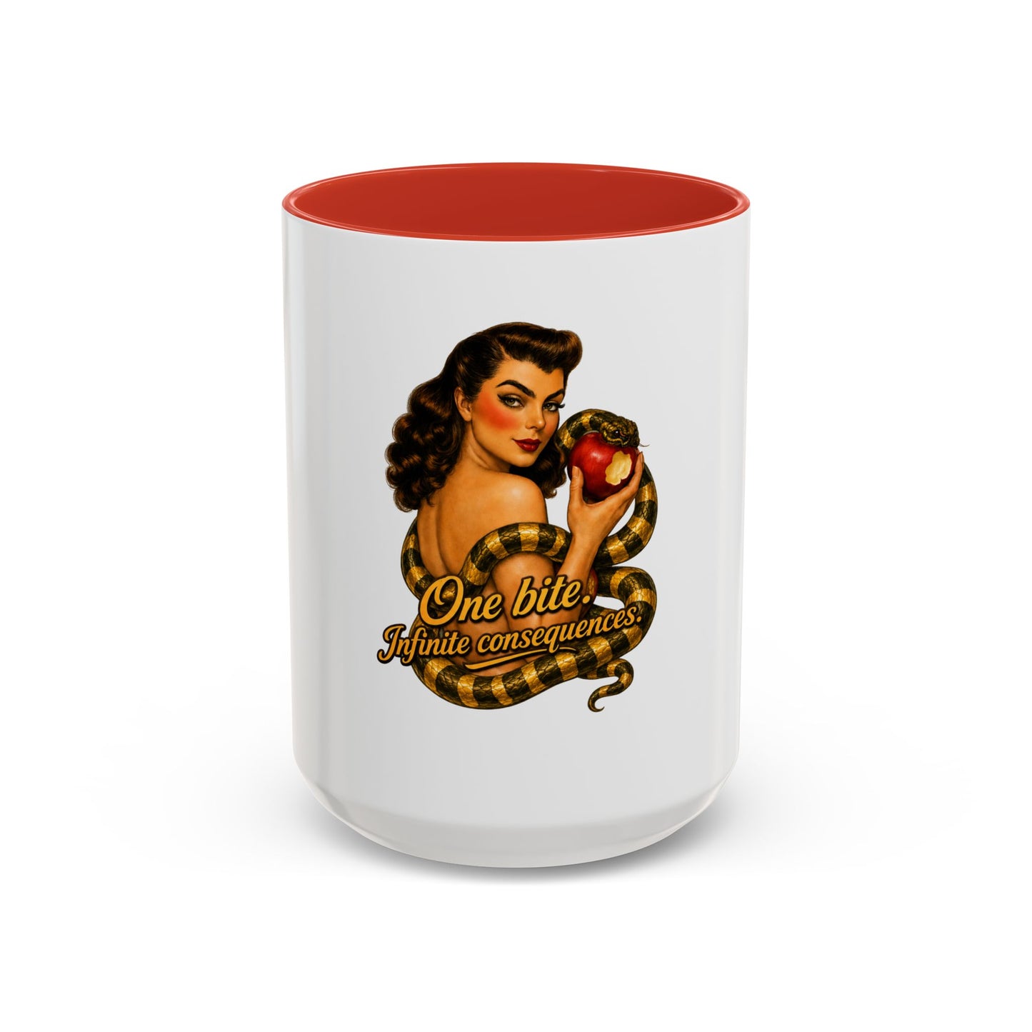 Vintage Pinup Coffee Mug — "One Bite... Infinite Consequences"