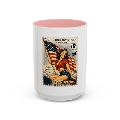 Vintage Patriotic Coffee Mug — 1776–2026 Pinup with American Flag (78 Stamp Design)