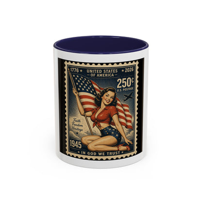 Vintage American Pin-Up Stamp Coffee Mug — Patriotic 1945 “In God We Trust” Accent Mug