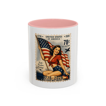 Vintage Patriotic Coffee Mug — 1776–2026 Pinup with American Flag (78 Stamp Design)