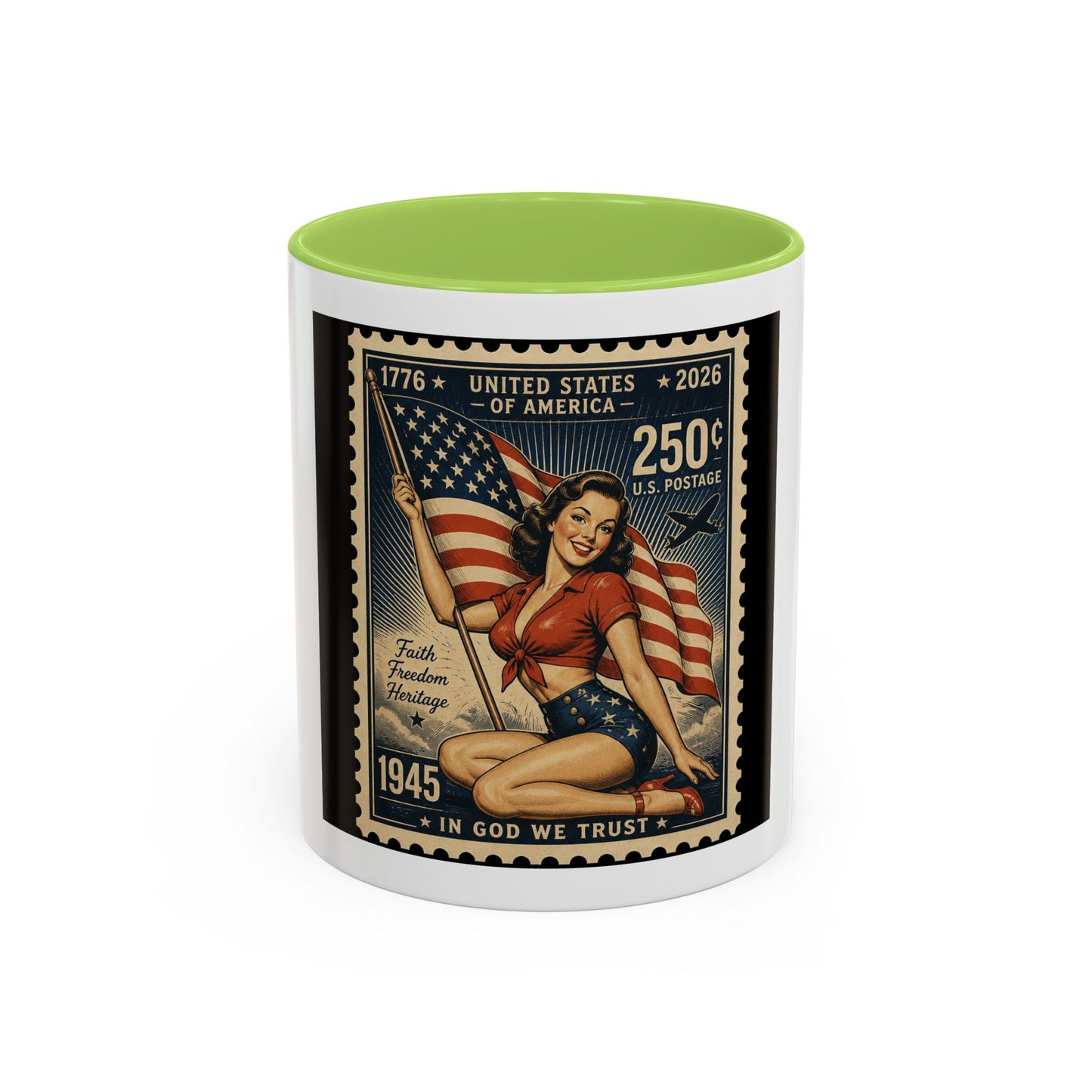 Vintage American Pin-Up Stamp Coffee Mug — Patriotic 1945 “In God We Trust” Accent Mug