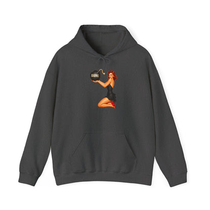 Retro Pin-Up Hoodie — Woman Holding 'Bang!' Bomb Graphic