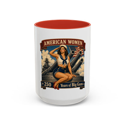 Coffee Mug — "American Women: 250 Years of Big Guns" Vintage Pin-Up Navy Design