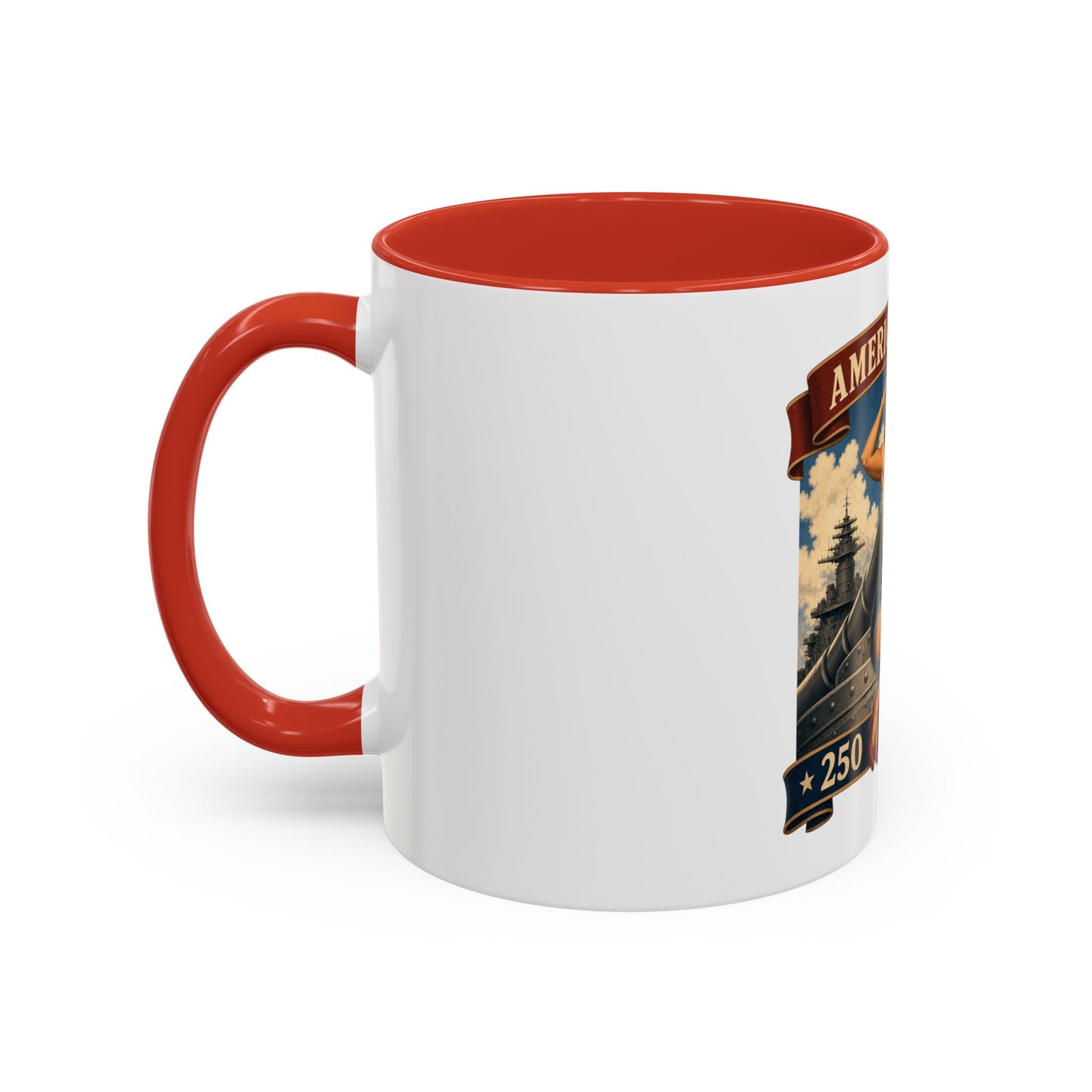 Coffee Mug — "American Women: 250 Years of Big Guns" Vintage Pin-Up Navy Design
