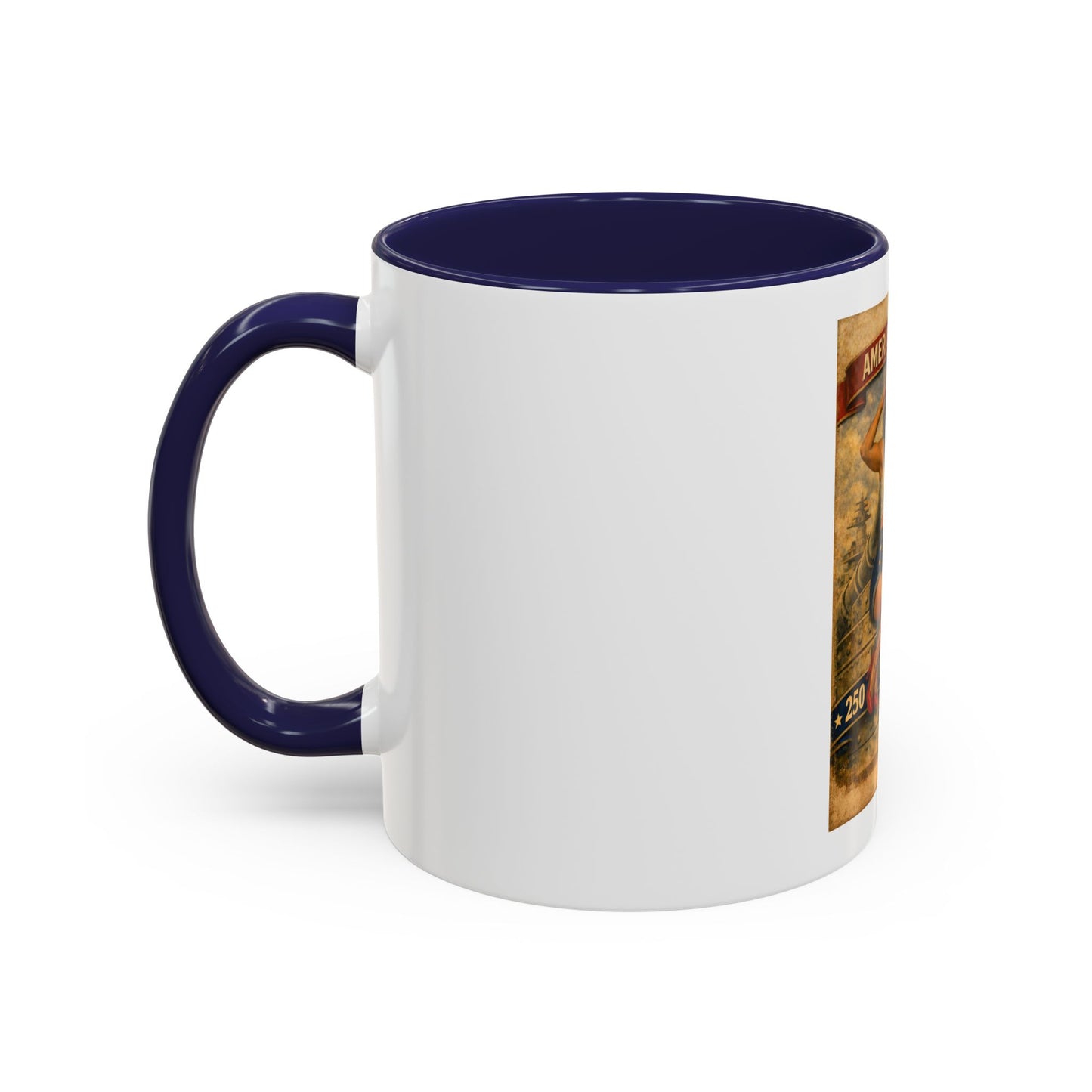 Accent Coffee Mug — Vintage 'American Women 250 Years of Big Guns' Pin-Up Military Design (11oz, 15oz)
