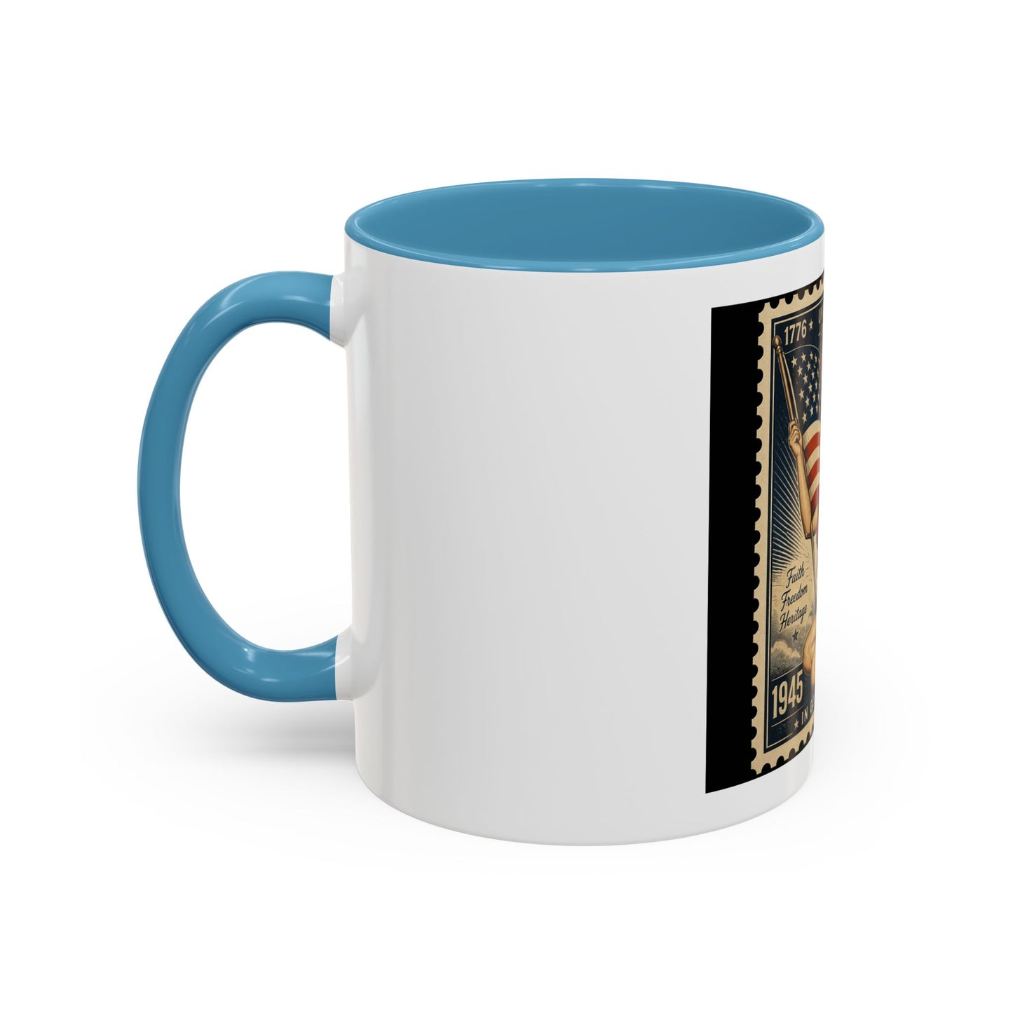 Vintage American Pin-Up Stamp Coffee Mug — Patriotic 1945 “In God We Trust” Accent Mug