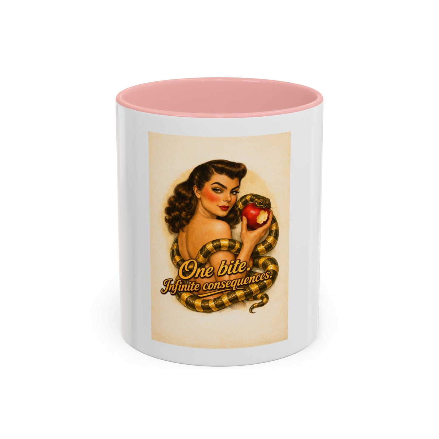 Vintage Pin-Up Coffee Mug – "One Bite Infinite Consequences" Retro Design