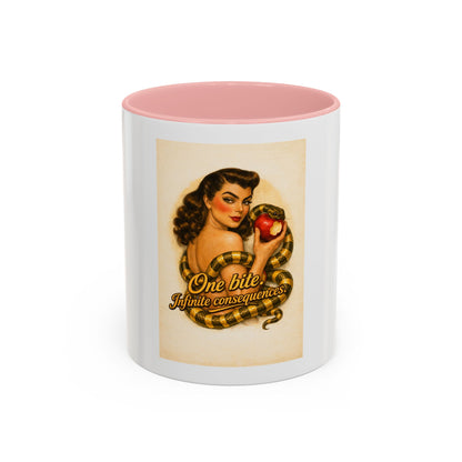 Vintage Pin-Up Coffee Mug – "One Bite Infinite Consequences" Retro Design