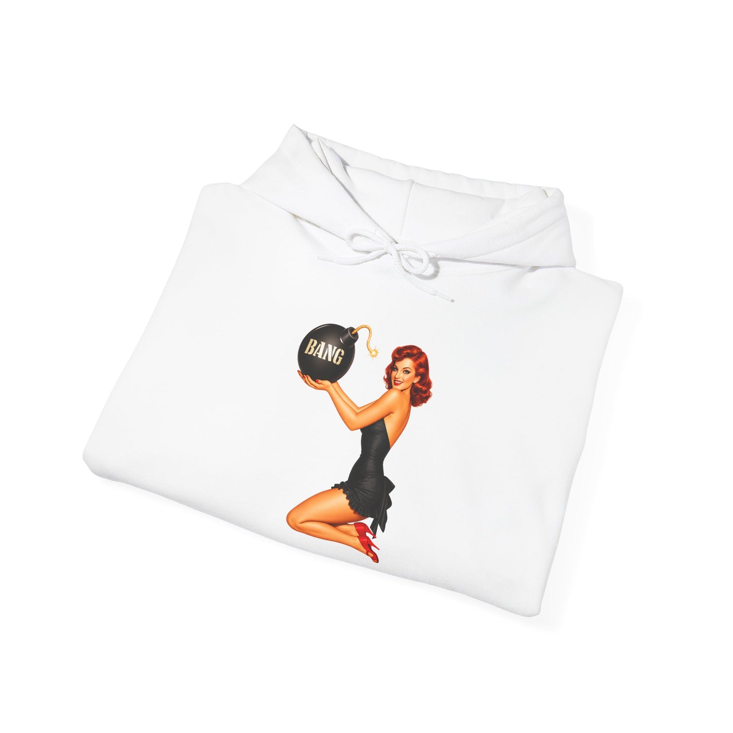 Retro Pin-Up Hoodie — Woman Holding 'Bang!' Bomb Graphic