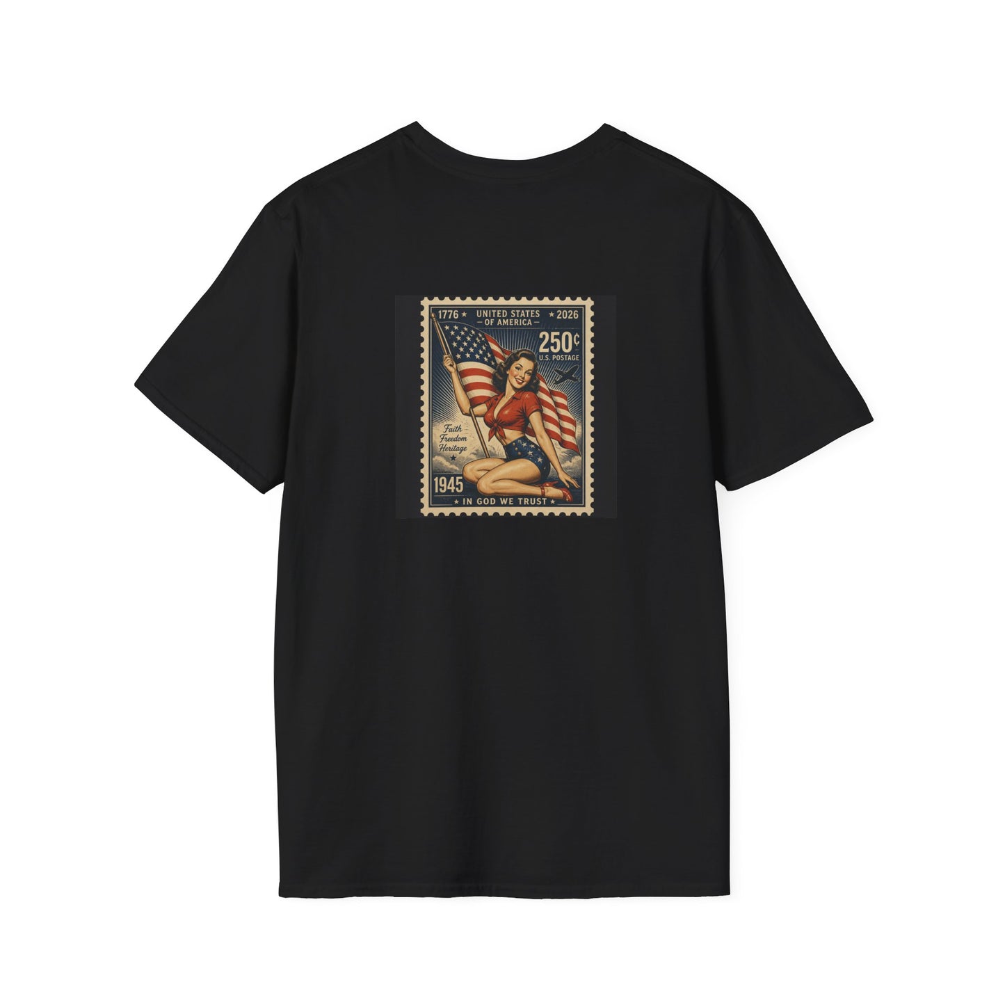 Vintage Patriotic Stamp T-Shirt — 1776–2026 Flag Pinup Graphic Tee