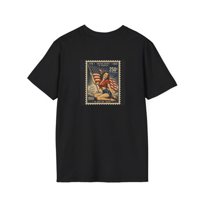 Vintage Patriotic Stamp T-Shirt — 1776–2026 Flag Pinup Graphic Tee
