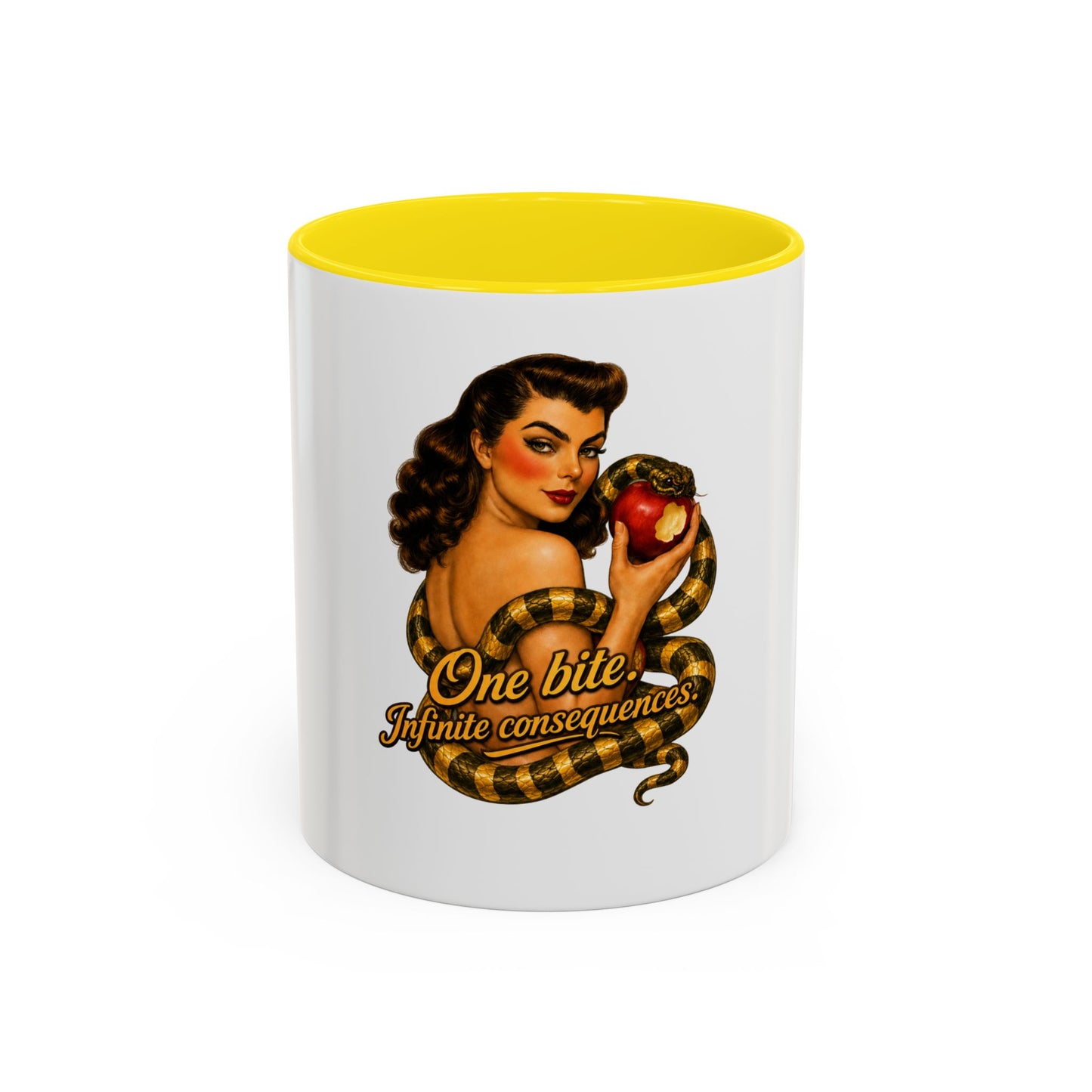 Vintage Pinup Coffee Mug — "One Bite... Infinite Consequences"