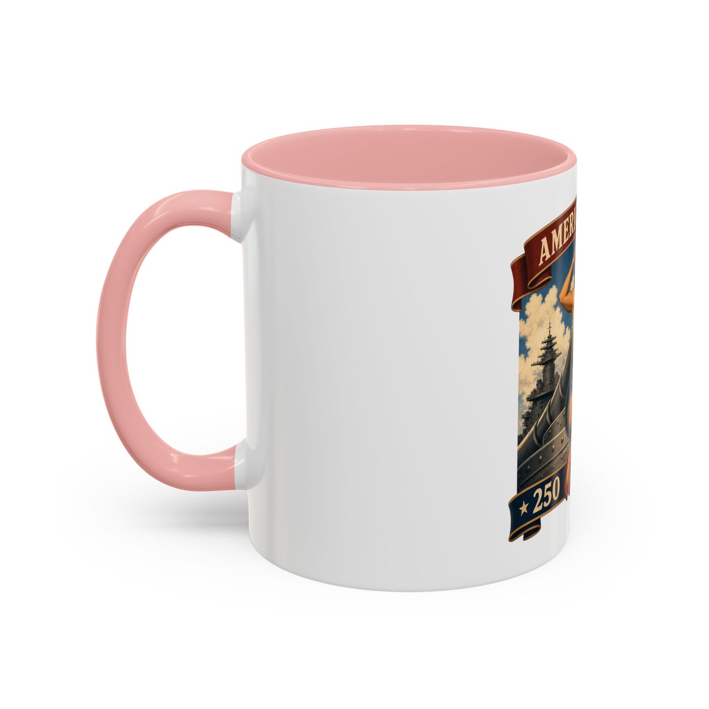 Coffee Mug — "American Women: 250 Years of Big Guns" Vintage Pin-Up Navy Design