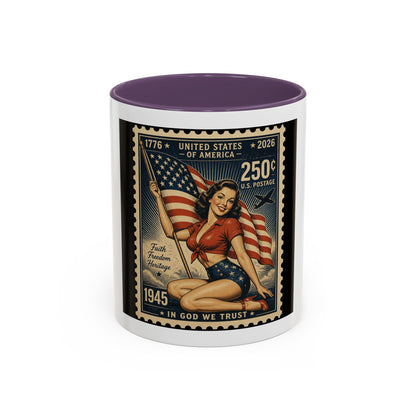 Vintage American Pin-Up Stamp Coffee Mug — Patriotic 1945 “In God We Trust” Accent Mug