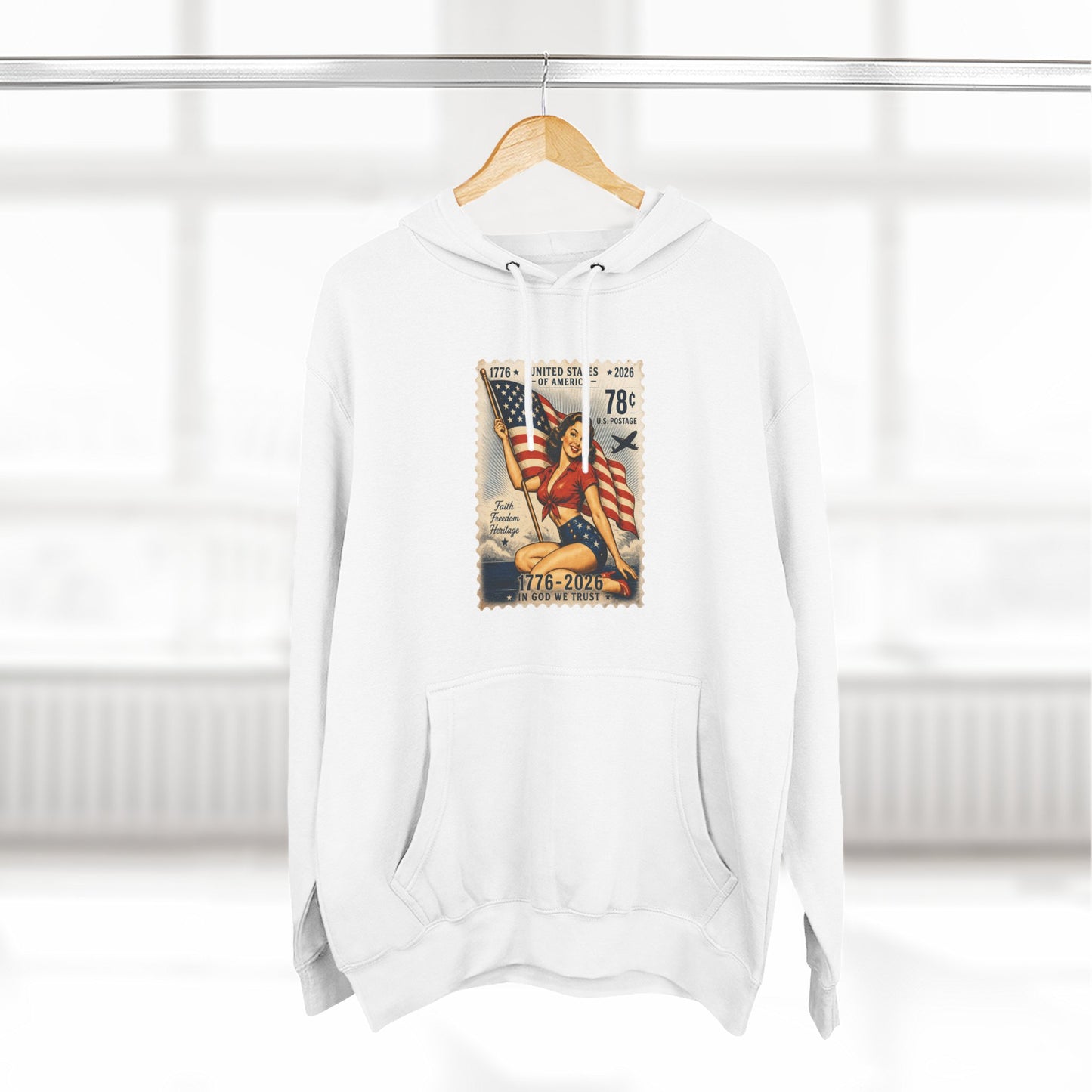 Patriotic Vintage Stamp Hoodie — American Flag & Eagle Graphic