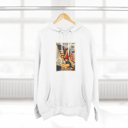 Patriotic Vintage Stamp Hoodie — American Flag & Eagle Graphic