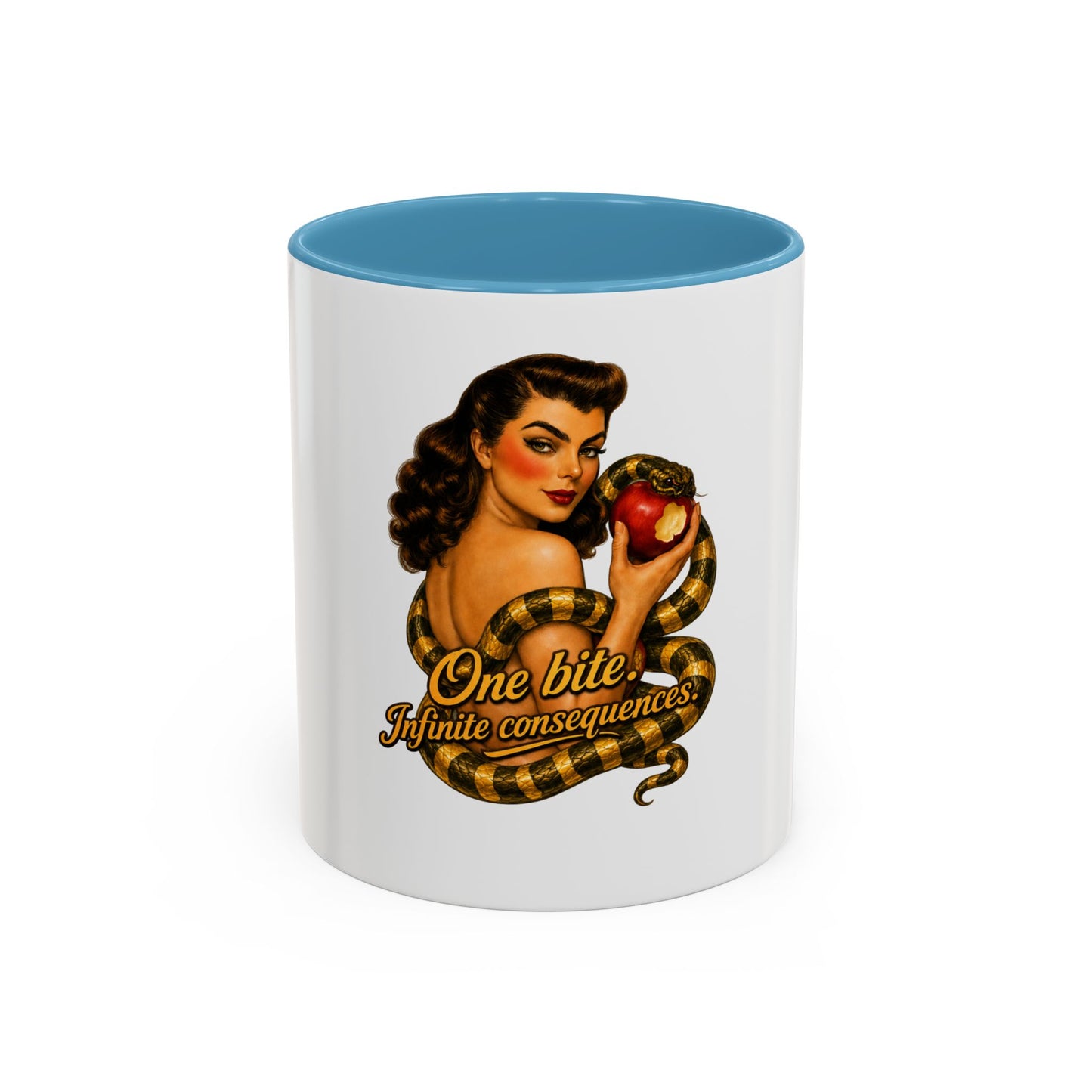 Vintage Pinup Coffee Mug — "One Bite... Infinite Consequences"