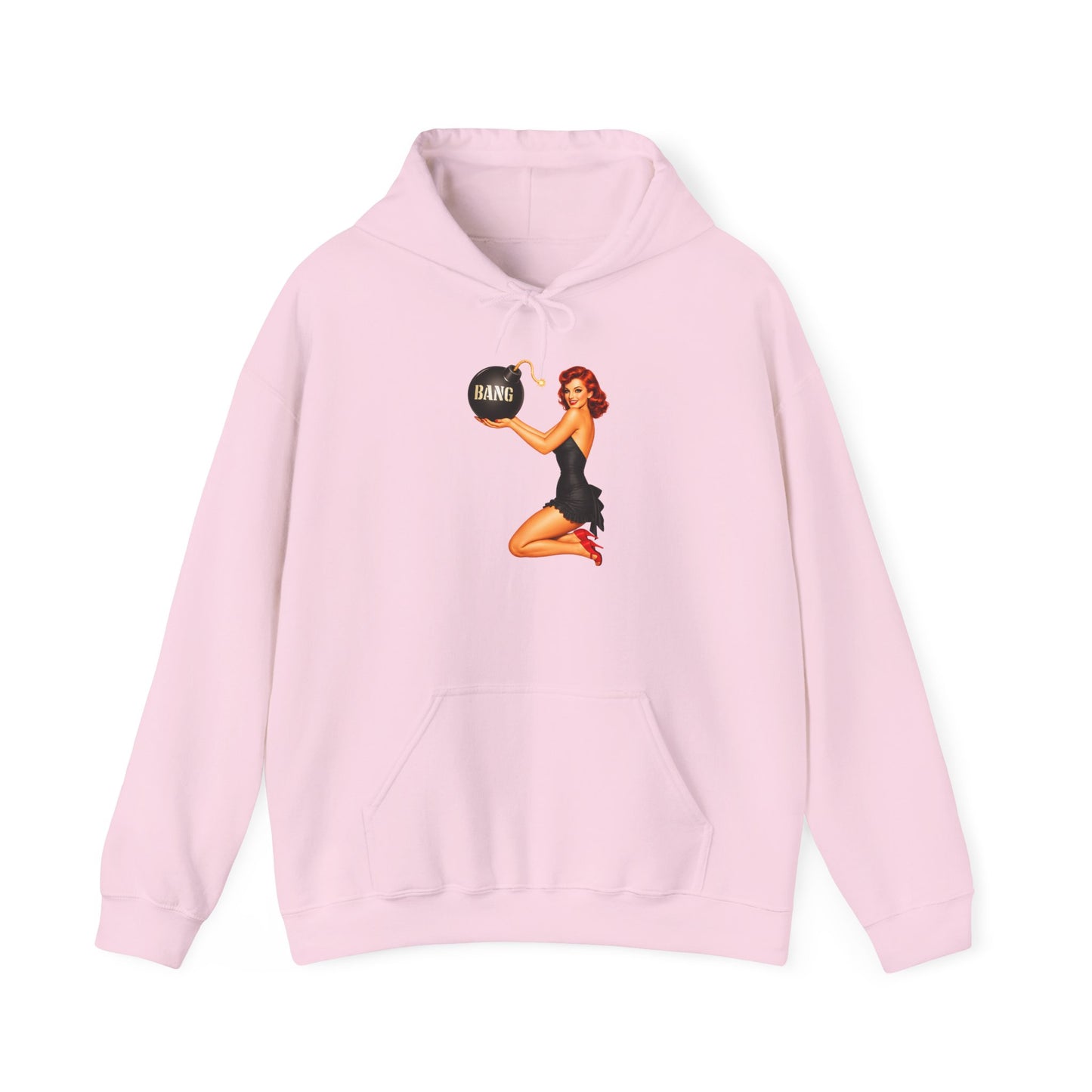 Retro Pin-Up Hoodie — Woman Holding 'Bang!' Bomb Graphic