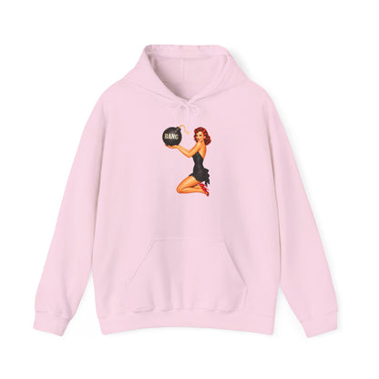 Retro Pin-Up Hoodie — Woman Holding 'Bang!' Bomb Graphic