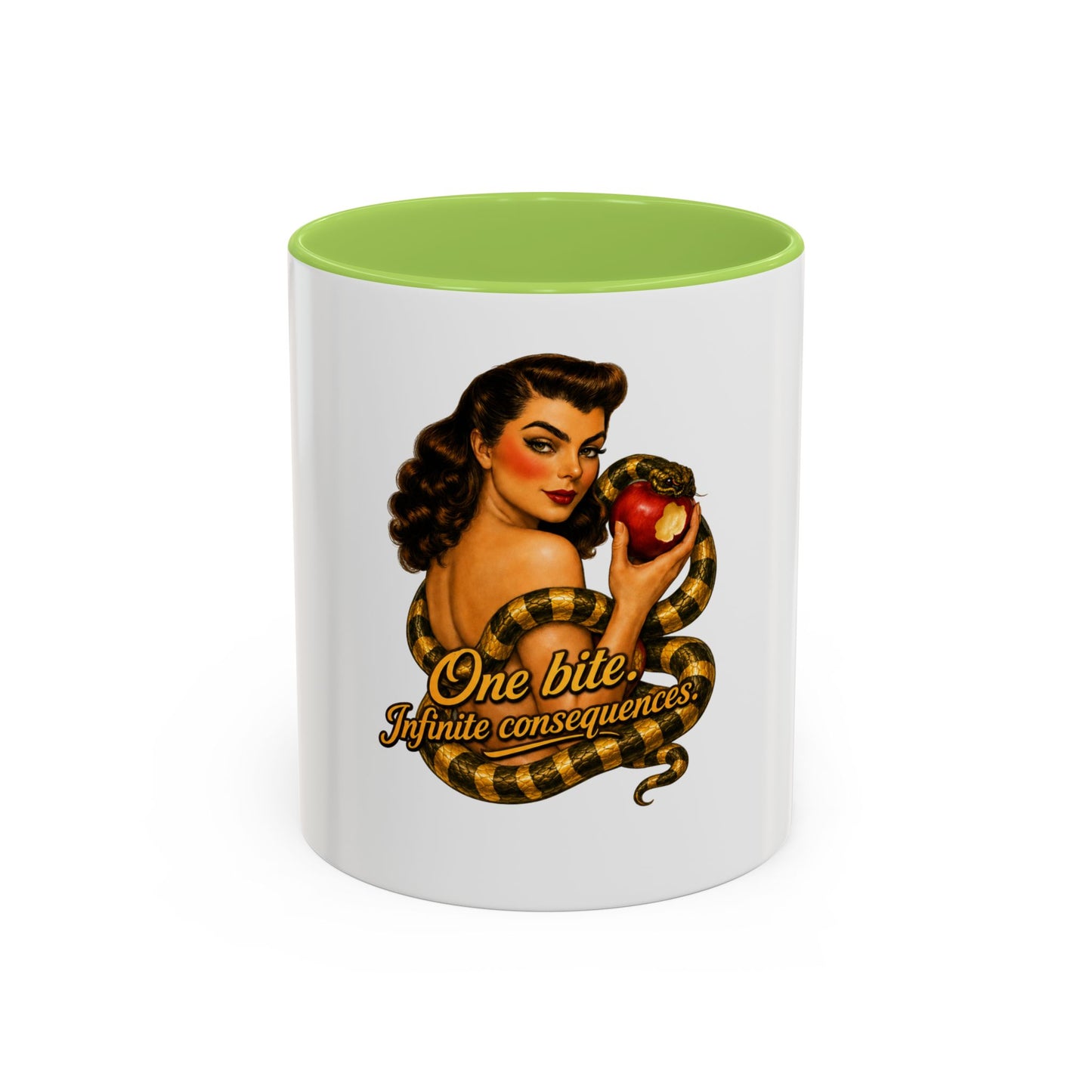 Vintage Pinup Coffee Mug — "One Bite... Infinite Consequences"