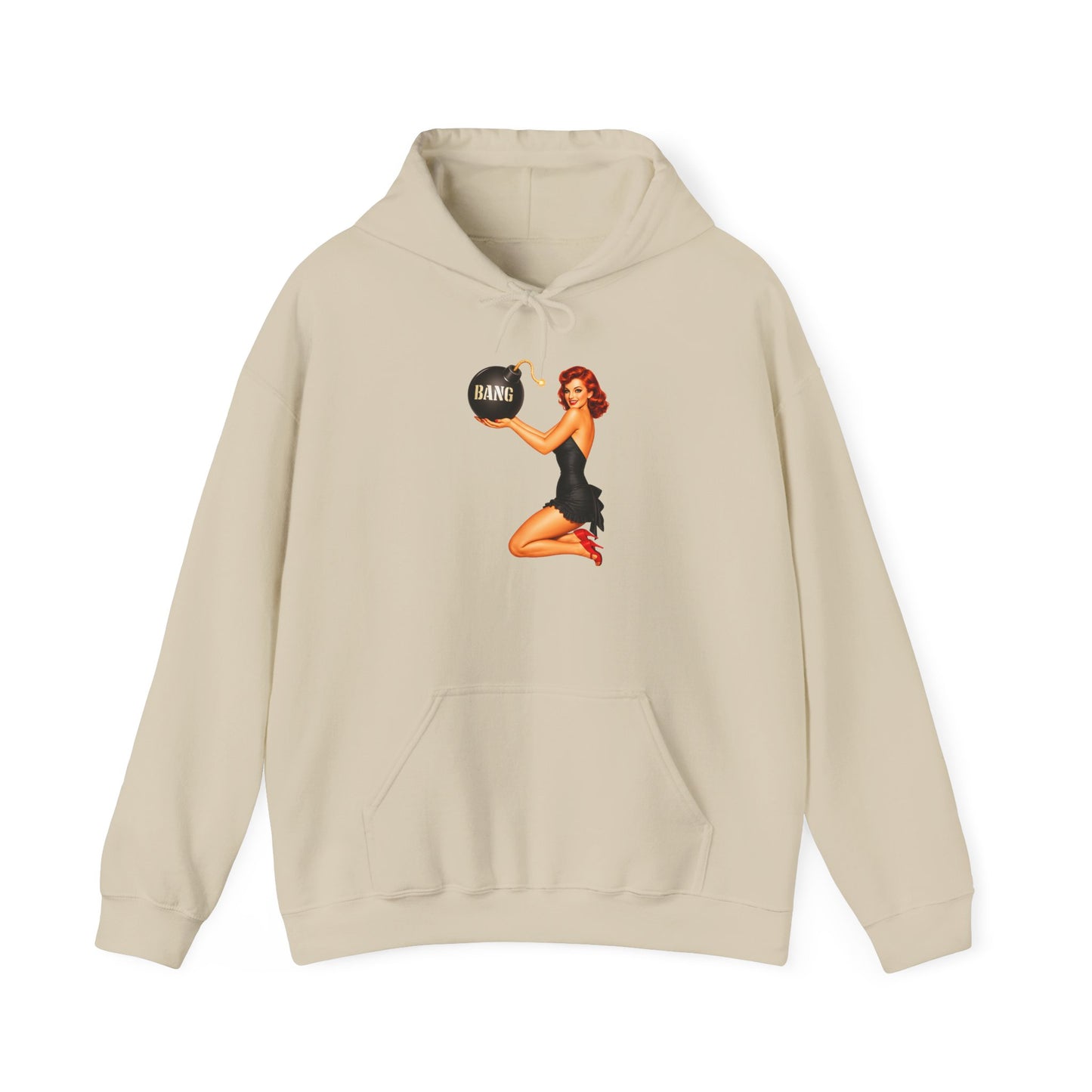 Retro Pin-Up Hoodie — Woman Holding 'Bang!' Bomb Graphic