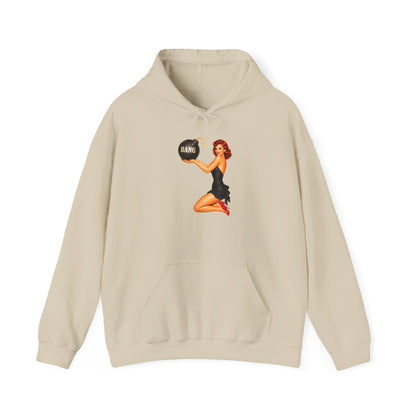 Retro Pin-Up Hoodie — Woman Holding 'Bang!' Bomb Graphic
