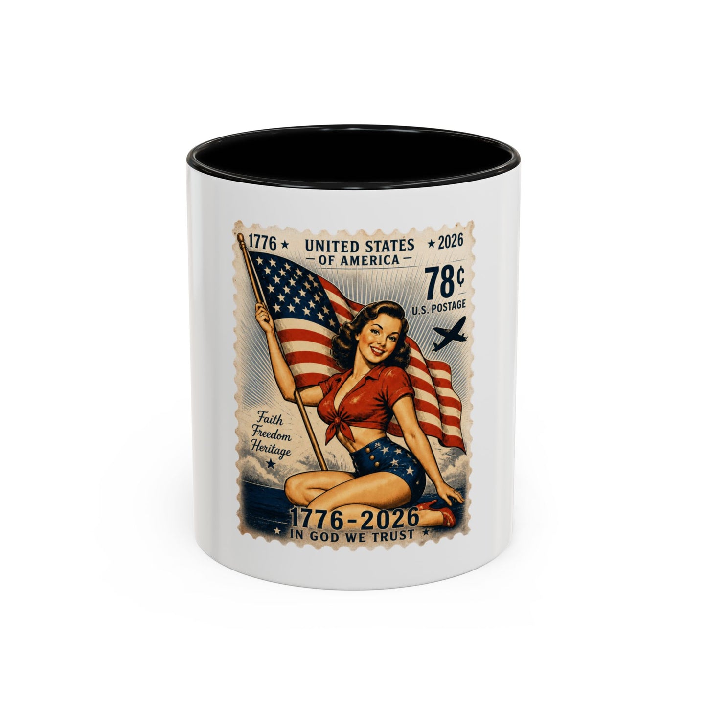 Vintage Patriotic Coffee Mug — 1776–2026 Pinup with American Flag (78 Stamp Design)