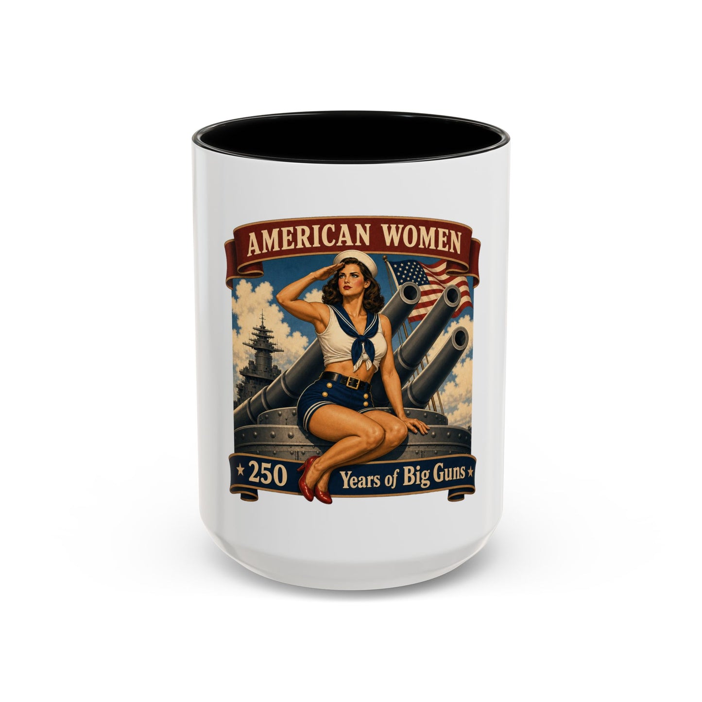 Coffee Mug — "American Women: 250 Years of Big Guns" Vintage Pin-Up Navy Design